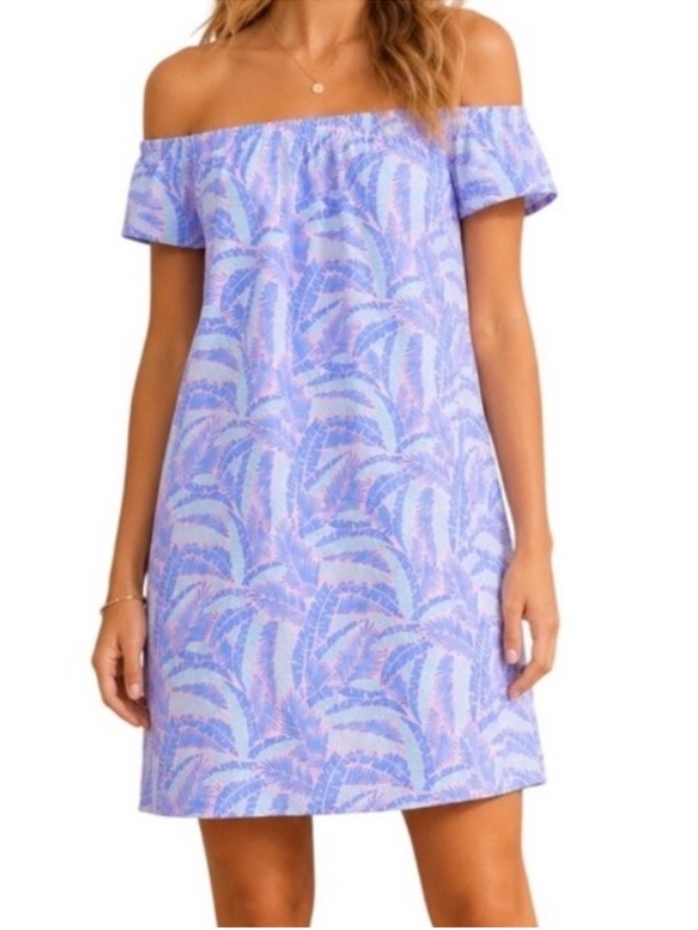 Vineyard Vines Island Palm Off -Shoulder Lavender Hibiscus Shift Dress NWT